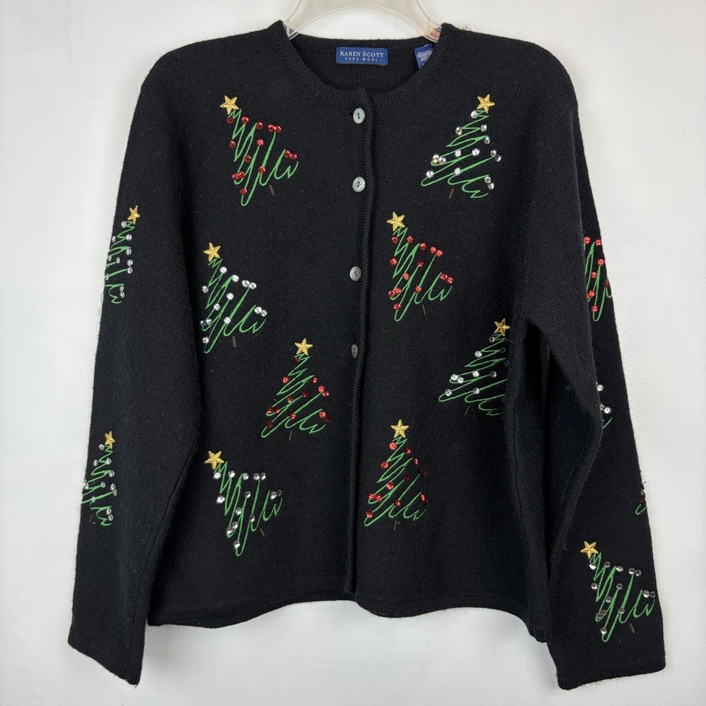 Vintage Wool Cardigan Womens Large Black Embroidered Christmas Holiday Teacher